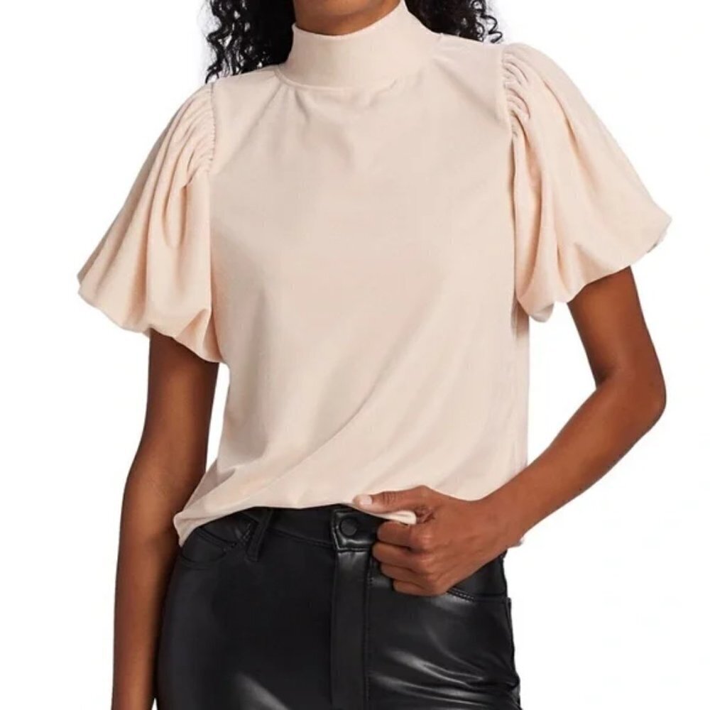 Free People 'Claudia' Puff-Sleeve Velvet Tee Top, Champagne Toast
